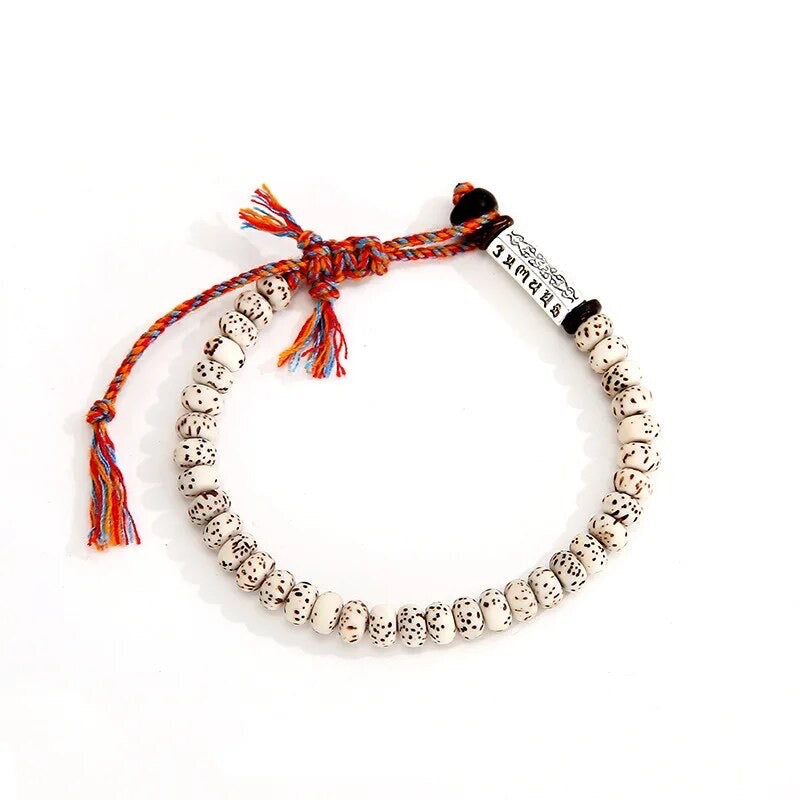 WHITE SUTRA~ Bracciale Tibetano Khapala chiaro ~ con SUTRA INCISI ~ in semi naturali della BODHI e cordino Tibetano