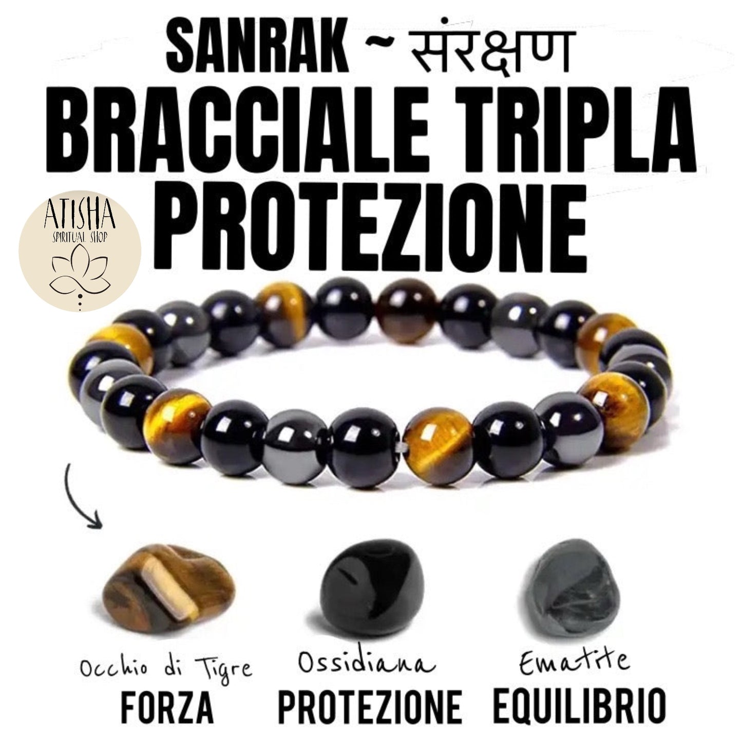 SANRAK~ BRACCIALE TRIPLA PROTEZIONE~ pietra dura naturale