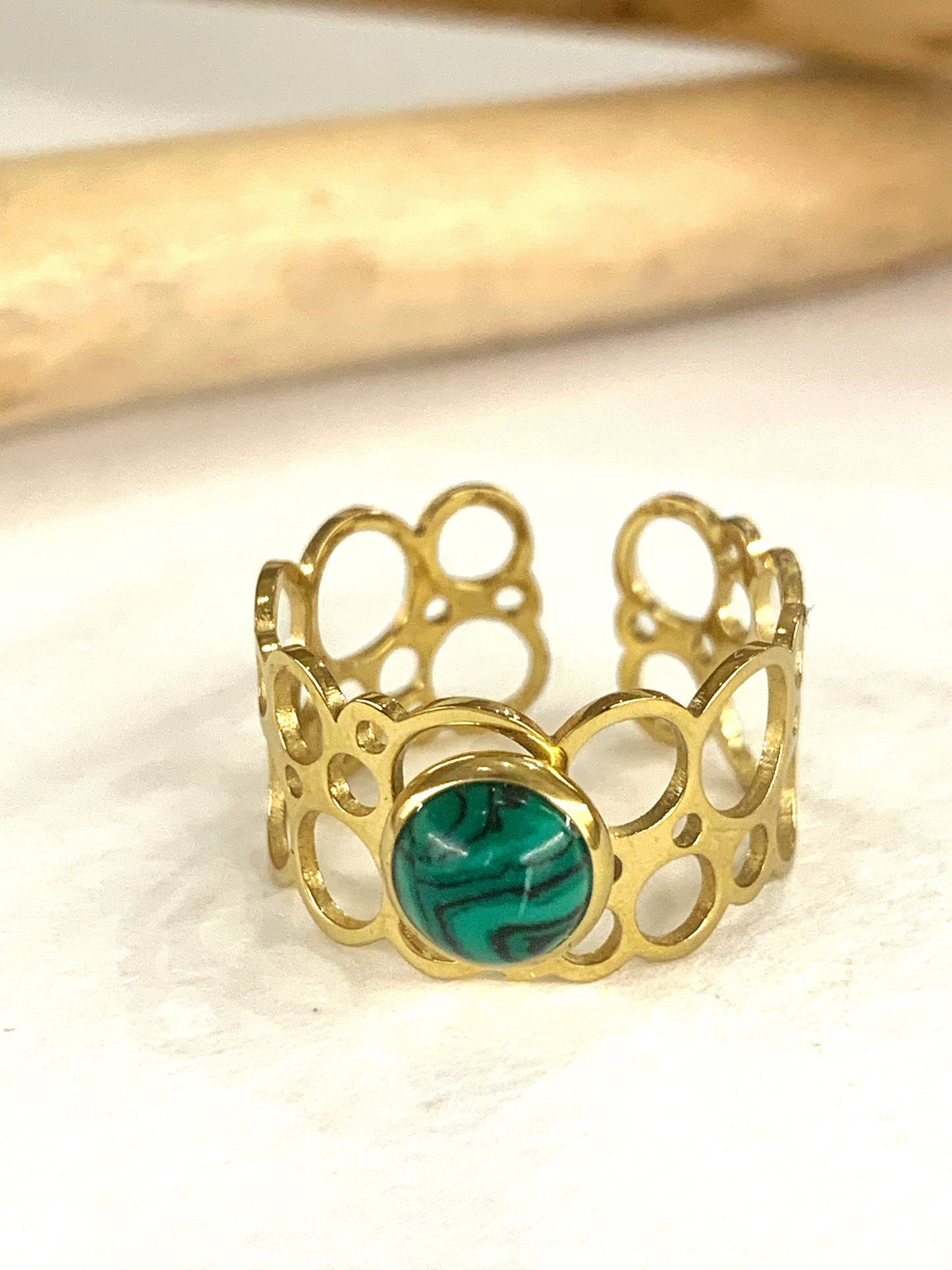 SHILA ~ Anello regolabile in acciaio inossidabile e MALACHITE naturale