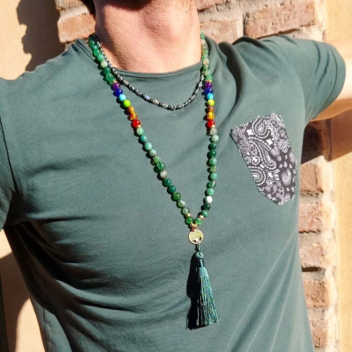 DAWA ~ JAPAMALA 108 grani in AGATA STRIATA VERDE E 7 PIETRE CHAKRA