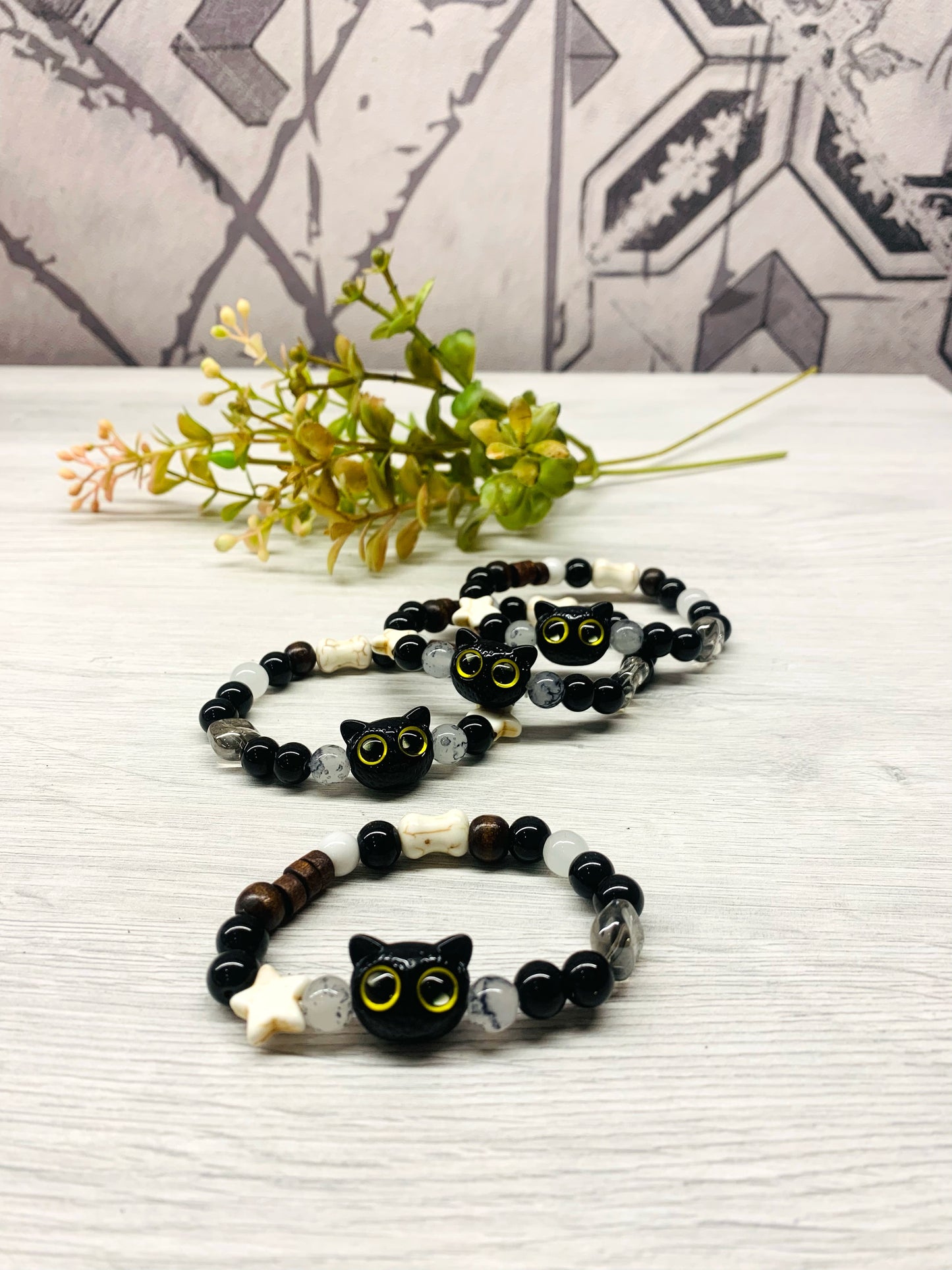 KITTEN  elastic~ bracciale con gattino e perle in pietra dura naturale, elasticizzato