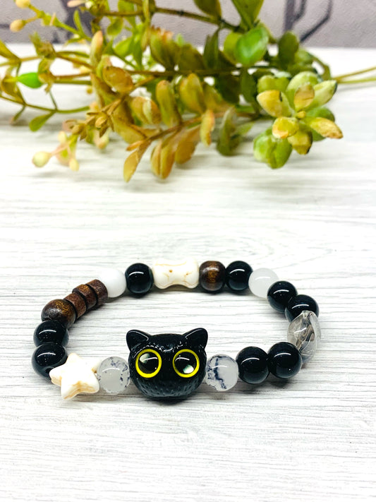KITTEN  elastic~ bracciale con gattino e perle in pietra dura naturale, elasticizzato