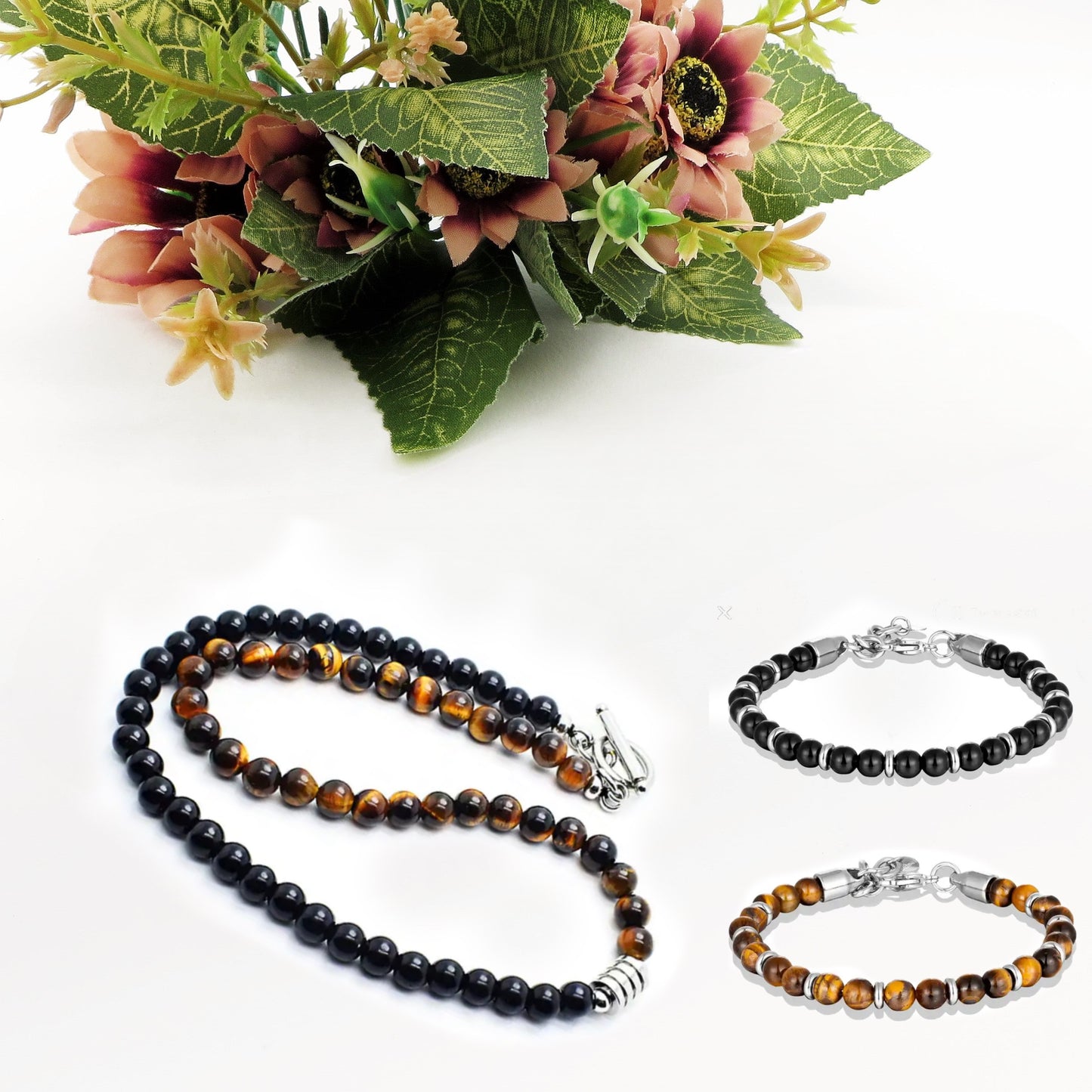 Kyŏnghŏ ~ BRACCIALE unisex bicolore in occhio di tigre + acciaio inossidabile