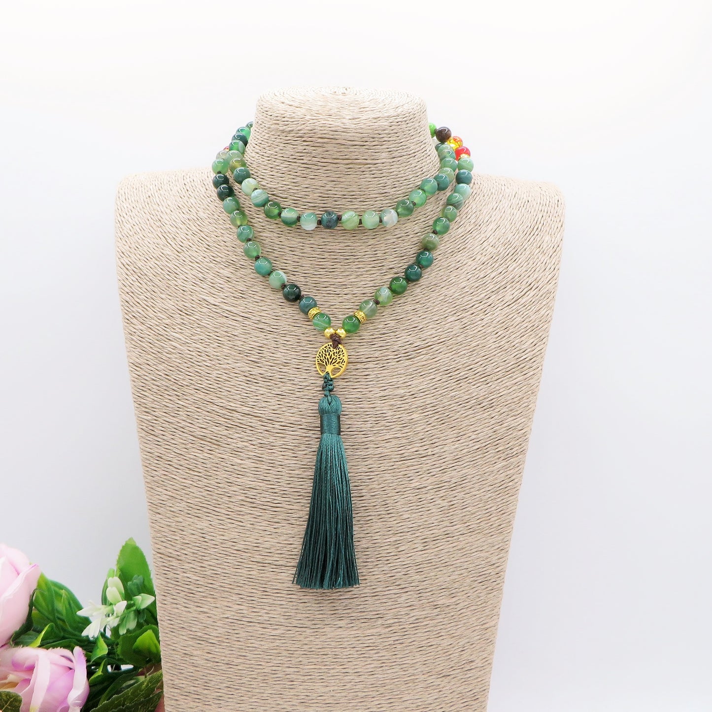 DAWA ~ JAPAMALA 108 grani in AGATA STRIATA VERDE E 7 PIETRE CHAKRA