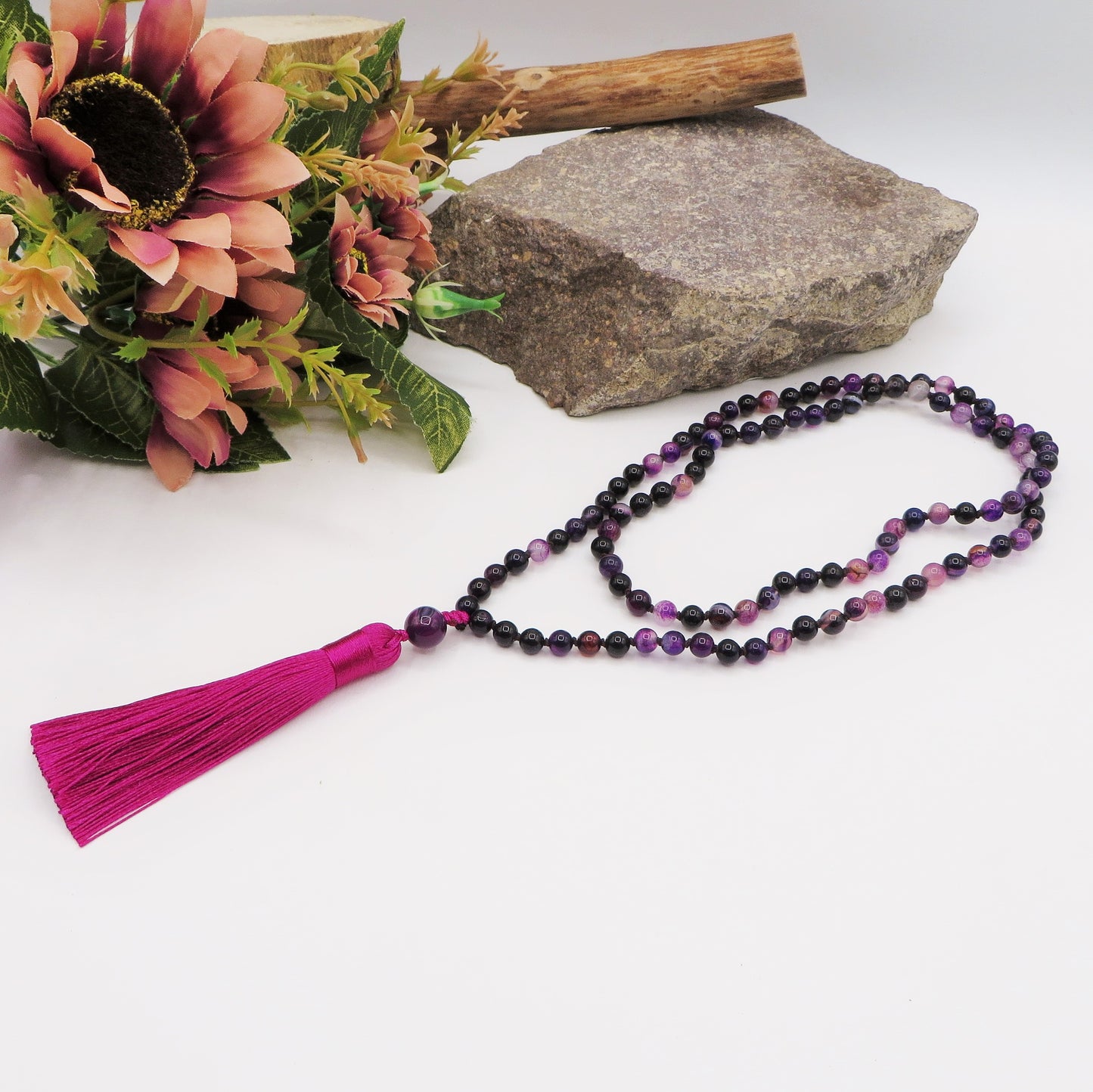 LHAMO ~ JAPAMALA 108 grani in AGATA FUOCO, AGATA VIOLA E AGATA STRIATA MULTICOLOR, AGATA LAPISLAZZULI