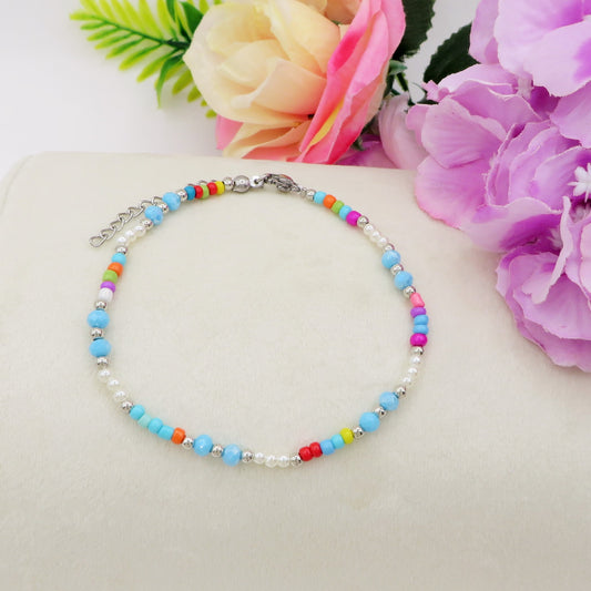KERALA ~ Cavigliera rainbow perle + perline cristallo + ACCIAIO INOSSIDABILE