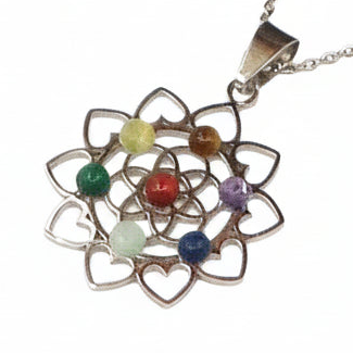 7 CHAKRAS LOTUS ~ Collana Pendente fiore loto + pietre dure naturali ACCIAIO