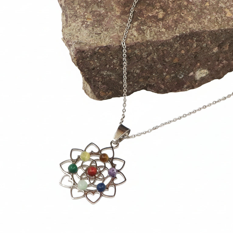 7 CHAKRAS LOTUS ~ Collana Pendente fiore loto + pietre dure naturali ACCIAIO