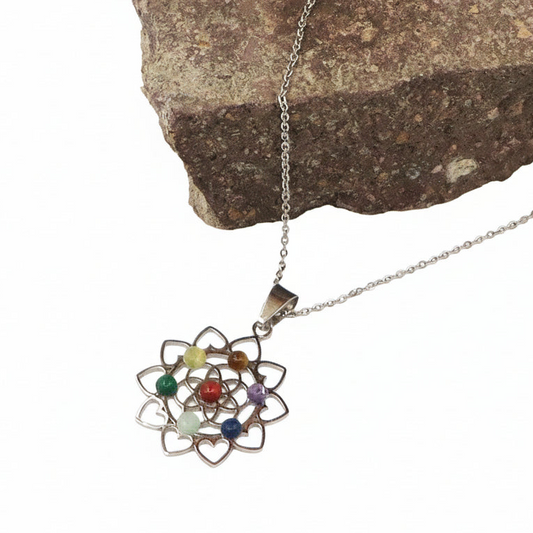 7 CHAKRAS LOTUS ~ Collana Pendente fiore loto + pietre dure naturali ACCIAIO