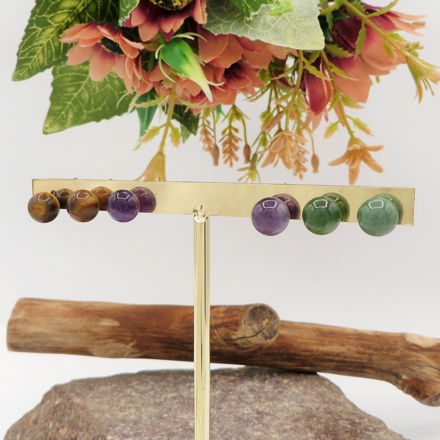 Sei Heki Studs ~ ORECCHINI a lobo in Acciaio Inossidabile con pietre naturali