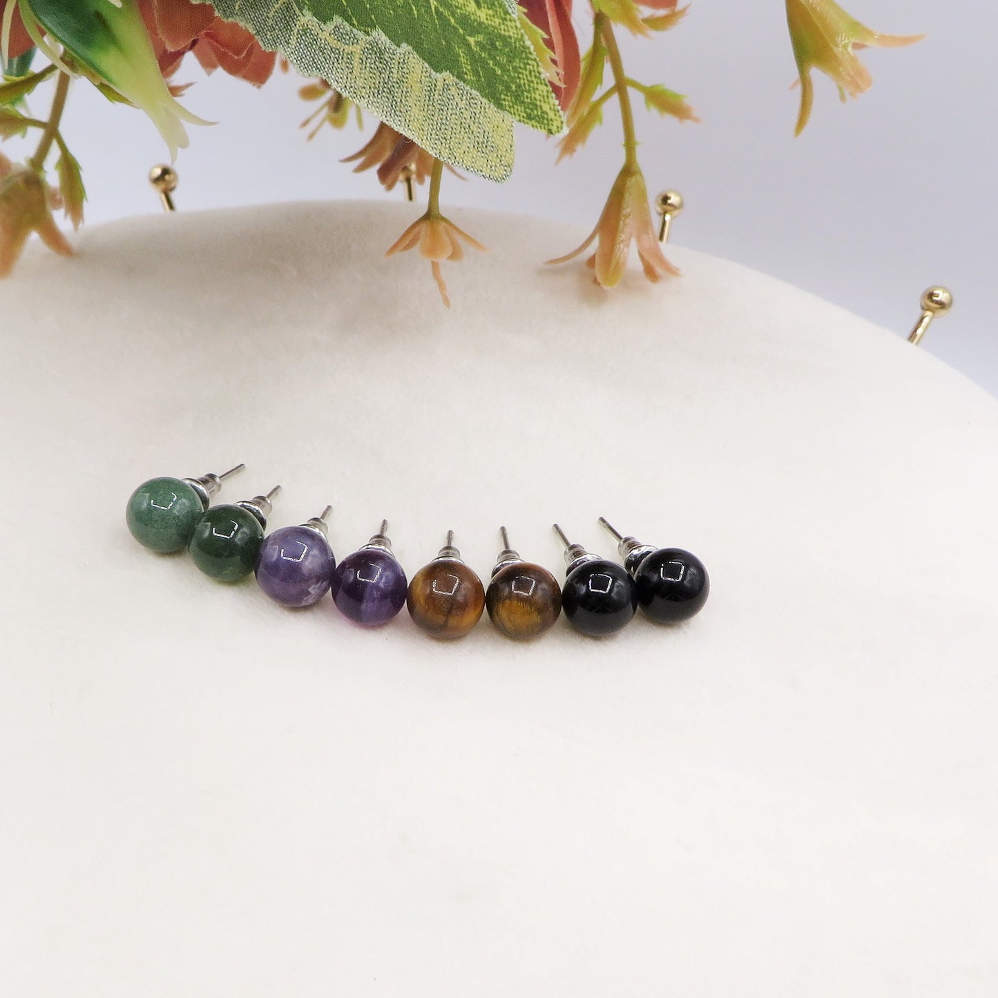 Sei Heki Studs ~ ORECCHINI a lobo in Acciaio Inossidabile con pietre naturali