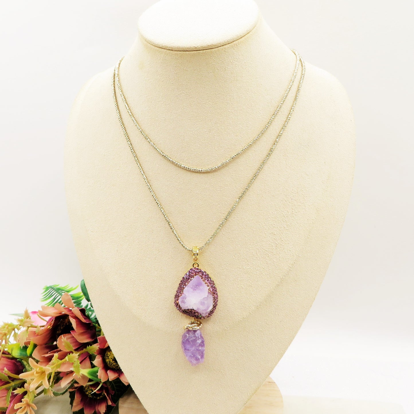 ISANA COLLANA AMETHYST PENDANT - Collana con ciondolo in AMETISTA NATURALE  e ACCIAIO INOSSIDABILE