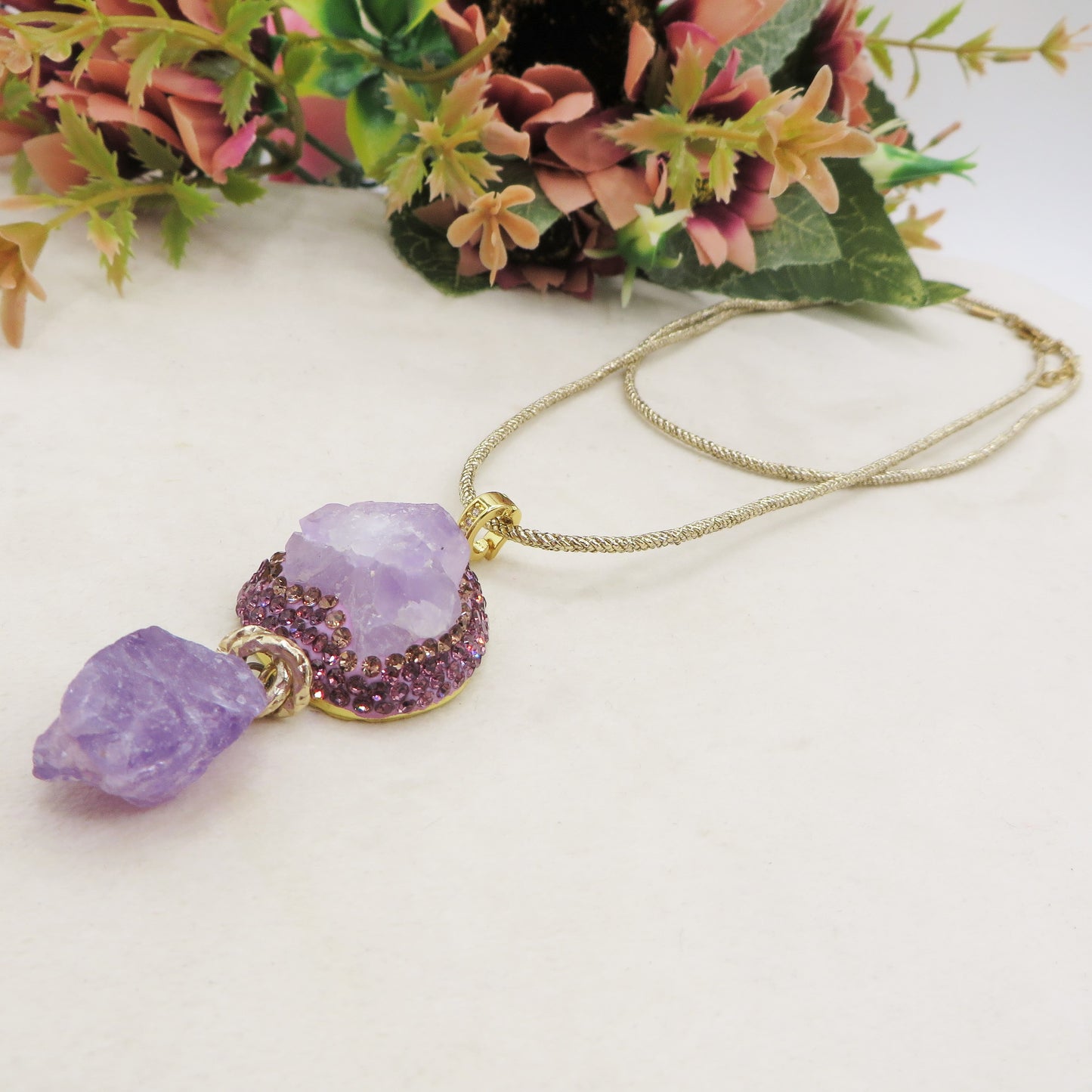 ISANA COLLANA AMETHYST PENDANT - Collana con ciondolo in AMETISTA NATURALE  e ACCIAIO INOSSIDABILE