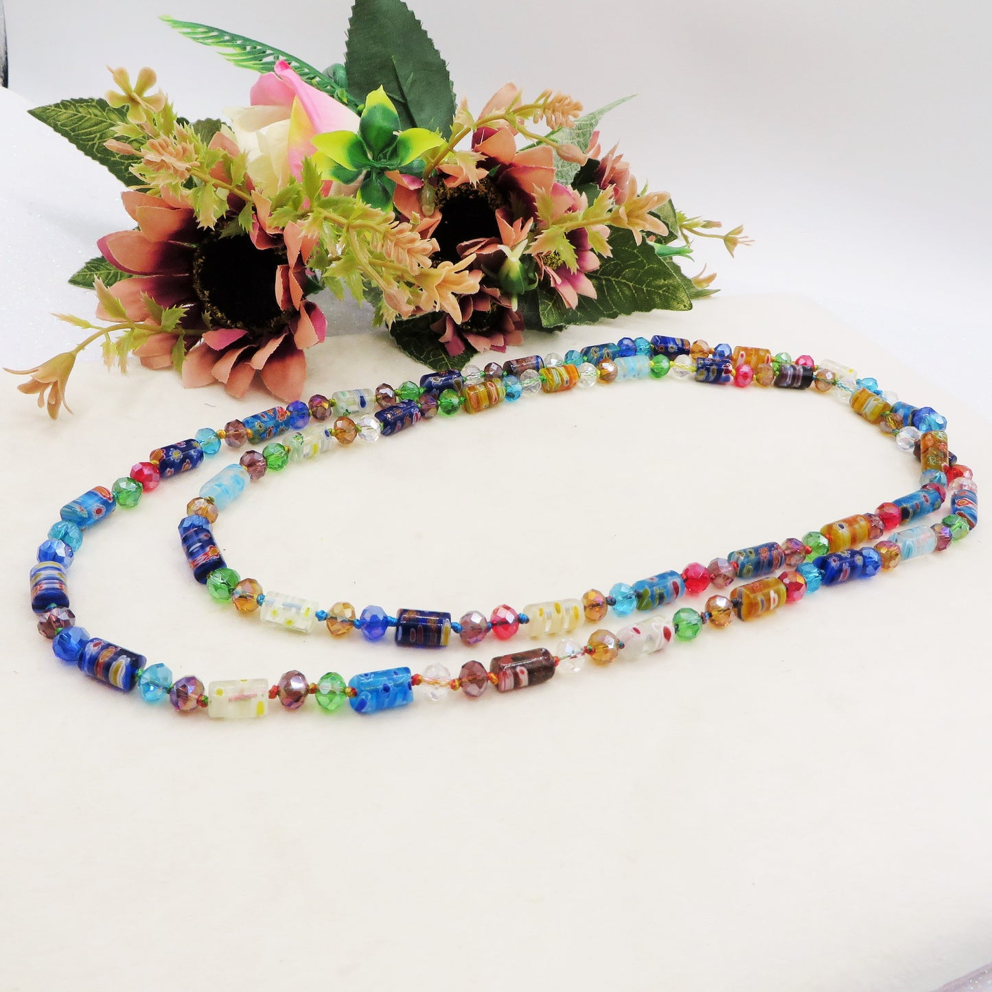 LAGUNA ~ Collana lunga 110cm in vetro, murrine e cristalli