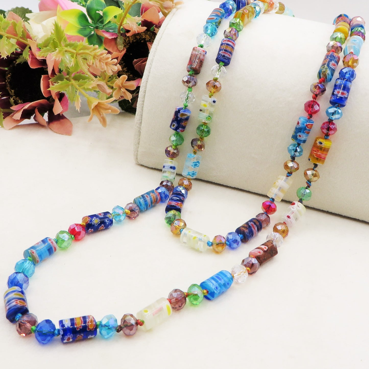 LAGUNA ~ Collana lunga 110cm in vetro, murrine e cristalli