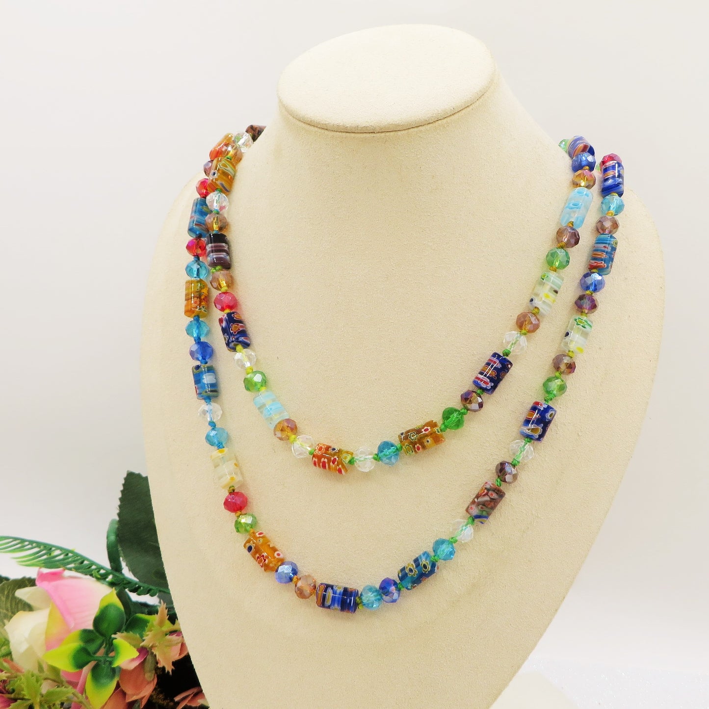 LAGUNA ~ Collana lunga 110cm in vetro, murrine e cristalli