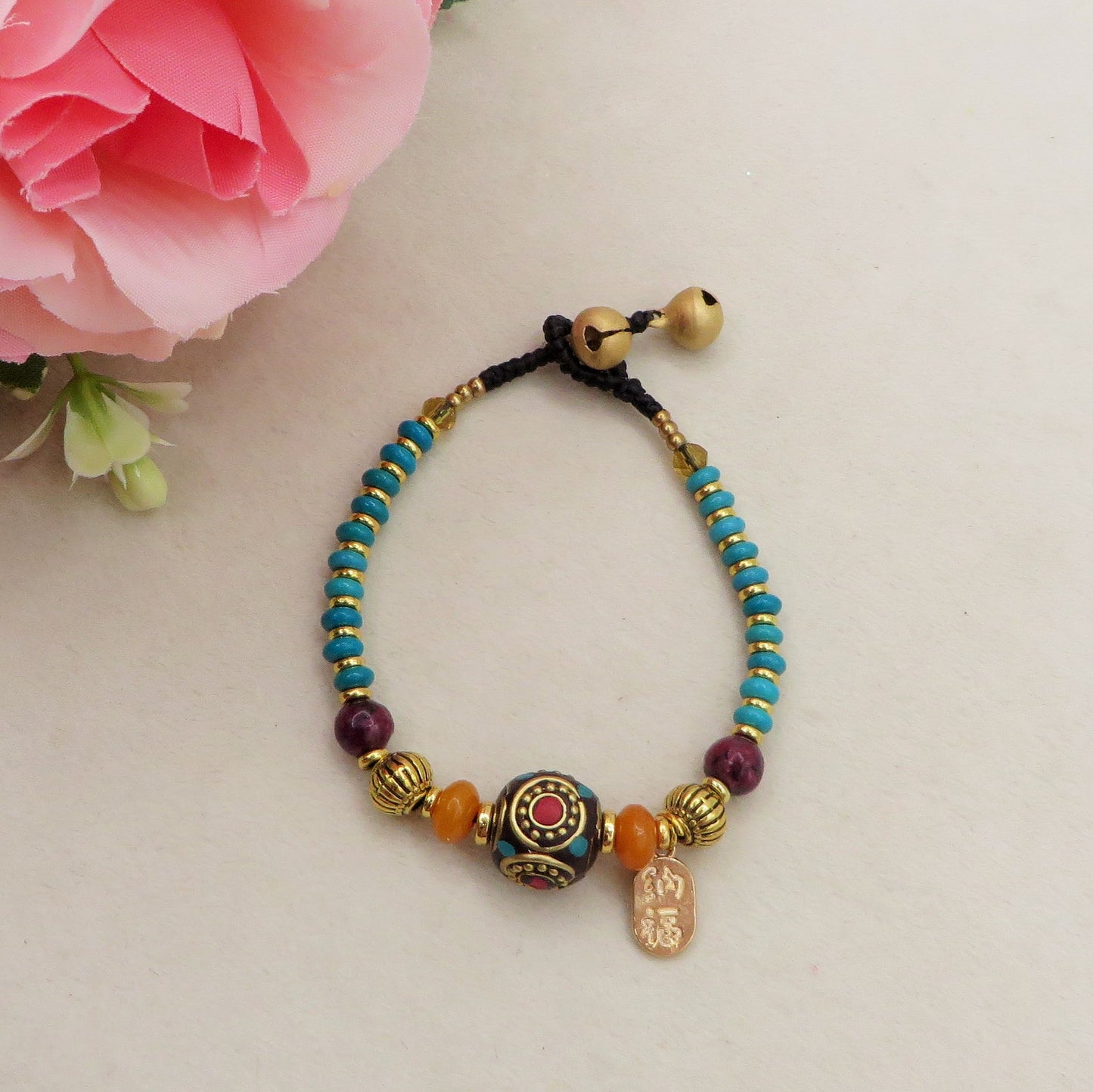 PADMA ~ BRACCIALE TIBETANO IN PIETRE DURE NATURALI con accessori etnici