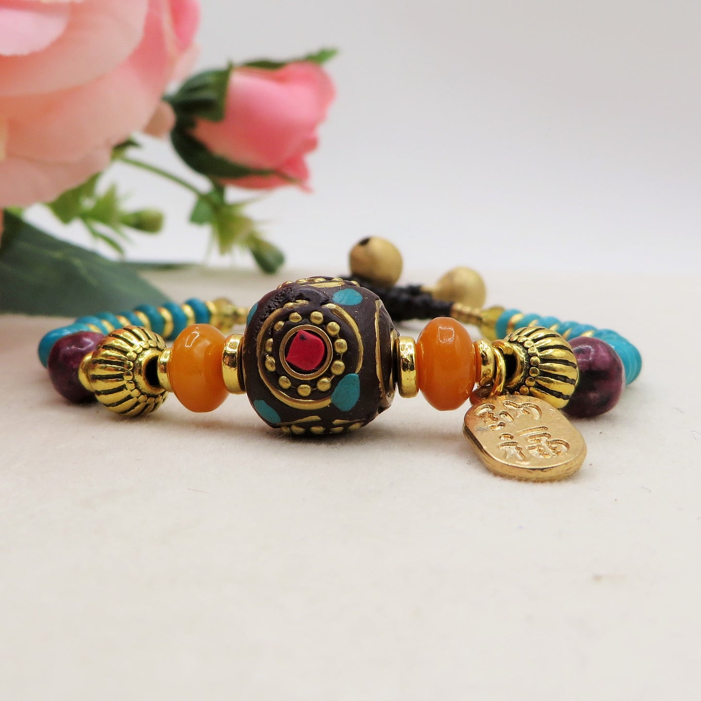 PADMA ~ BRACCIALE TIBETANO IN PIETRE DURE NATURALI con accessori etnici