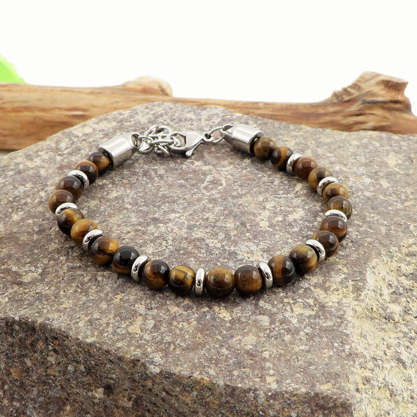 Kyŏnghŏ ~ BRACCIALE unisex bicolore in occhio di tigre + acciaio inossidabile