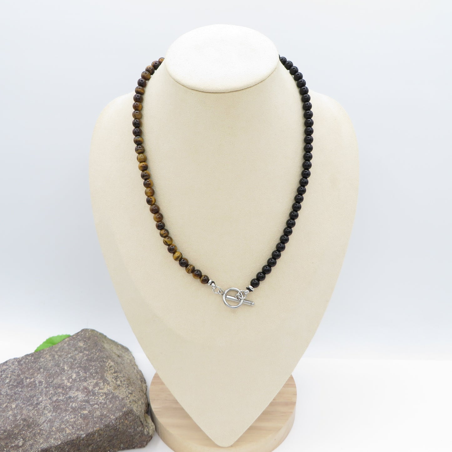 Kyŏnghŏ ~ Collana unisex bicolore in occhio di tigre e ossidiana + acciaio inossidabile