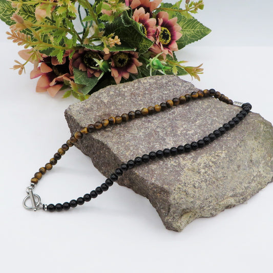 Kyŏnghŏ ~ Collana unisex bicolore in occhio di tigre e ossidiana + acciaio inossidabile