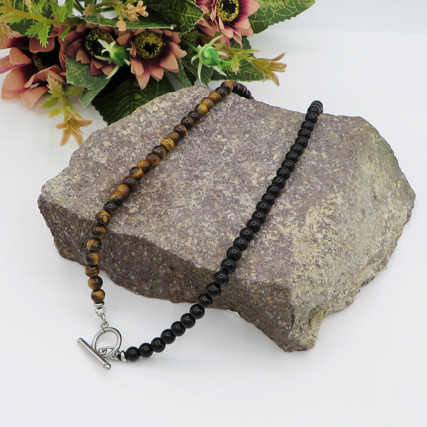 Kyŏnghŏ ~ Collana unisex bicolore in occhio di tigre e ossidiana + acciaio inossidabile