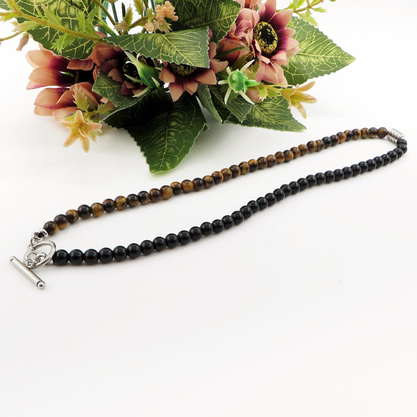 Kyŏnghŏ ~ Collana unisex bicolore in occhio di tigre e ossidiana + acciaio inossidabile