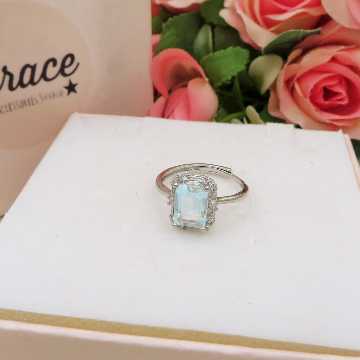 NILAH SHINE ~ Anello regolabile in ACQUAMARINA naturale taglio smeraldo