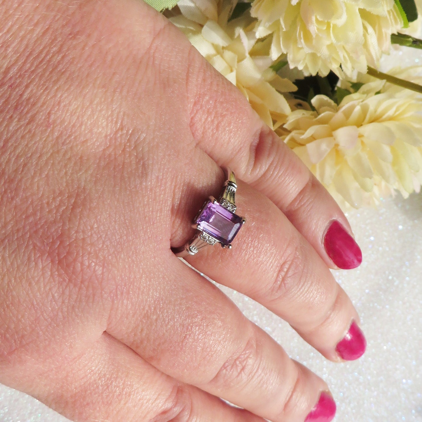 SHIVA ~ Anello regolabile in Ametista taglio rettangolare naturale con cubic zirconia