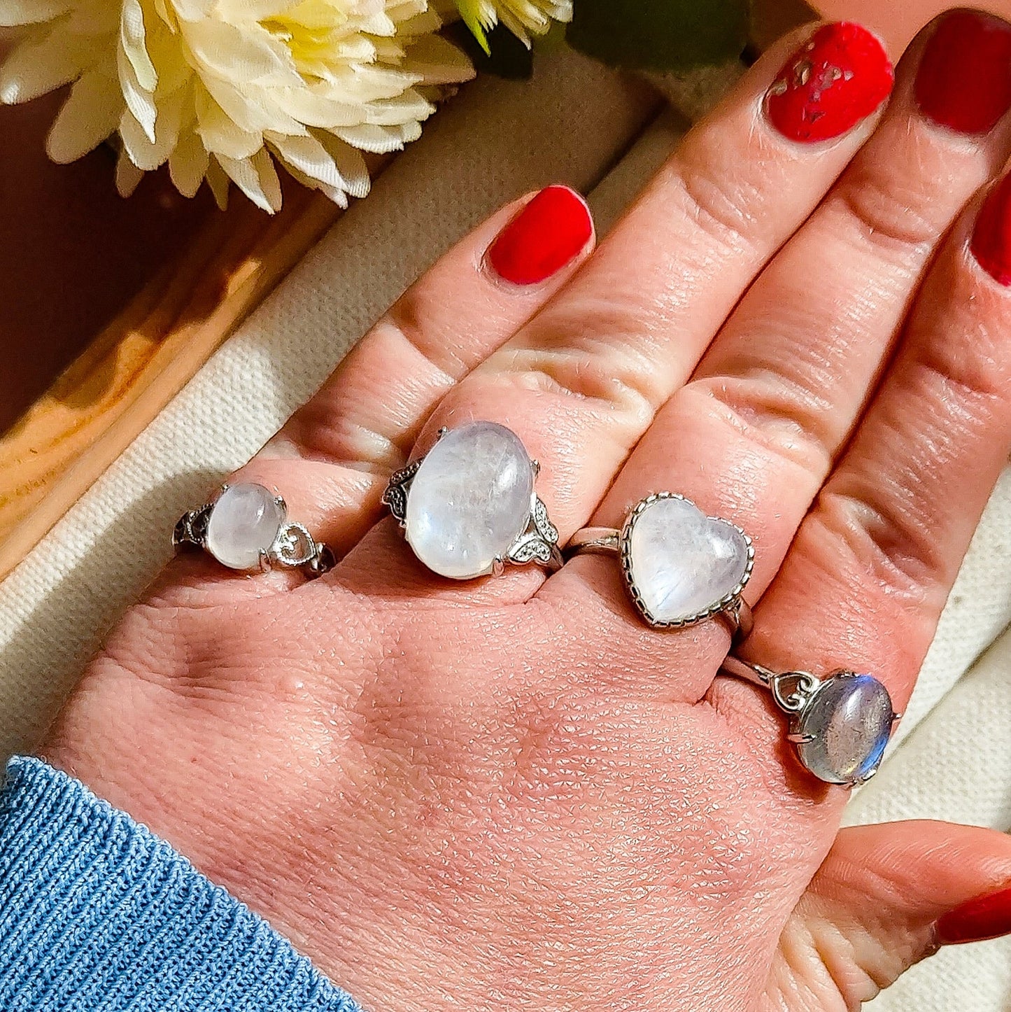 DEVA HEART Argento 925 ~ Anello regolabile in Pietra di Luna a cuore  - Moonstone naturale